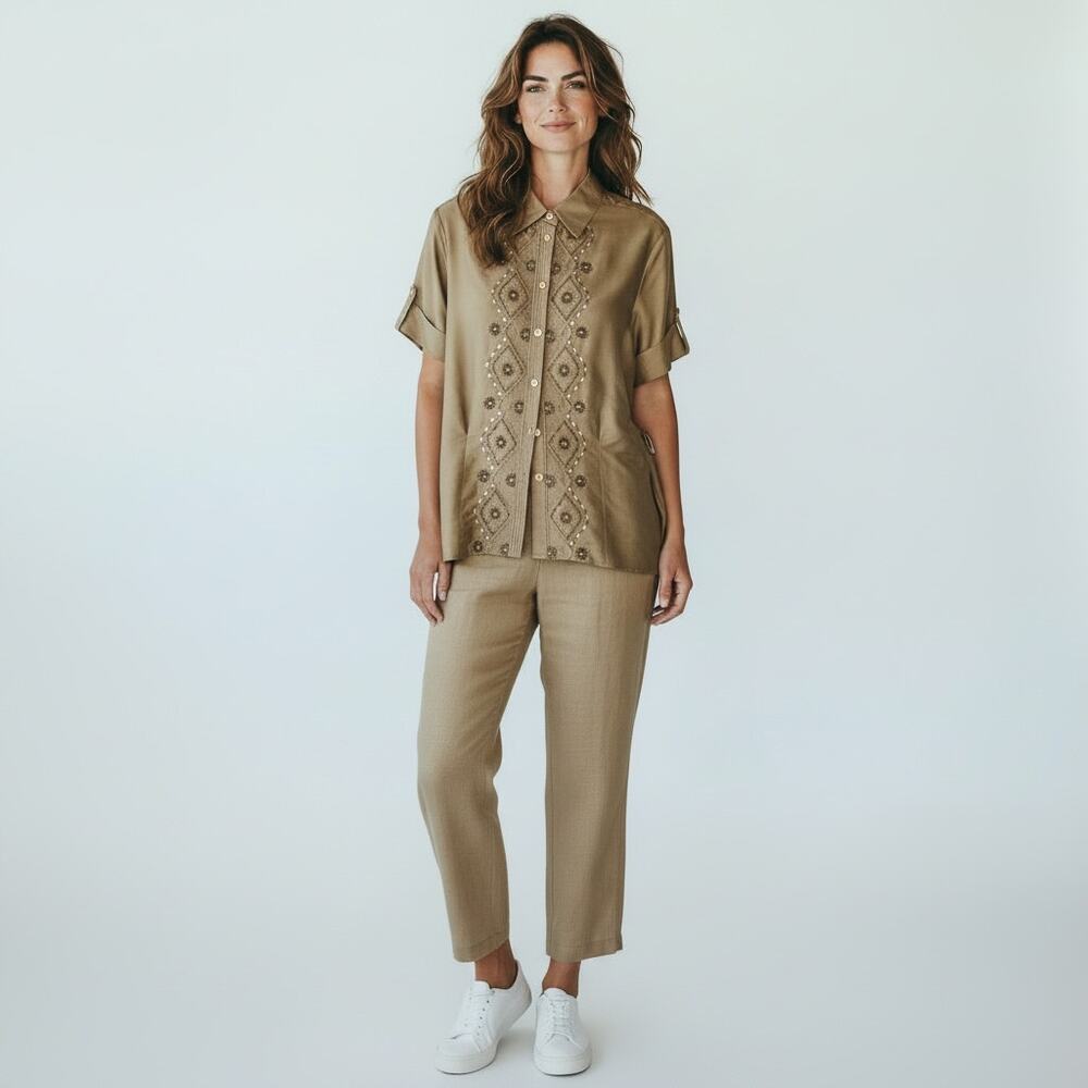 Lafayette 148 New York 100% Silk Beaded Blouse Pants Set Size 12 Taupe